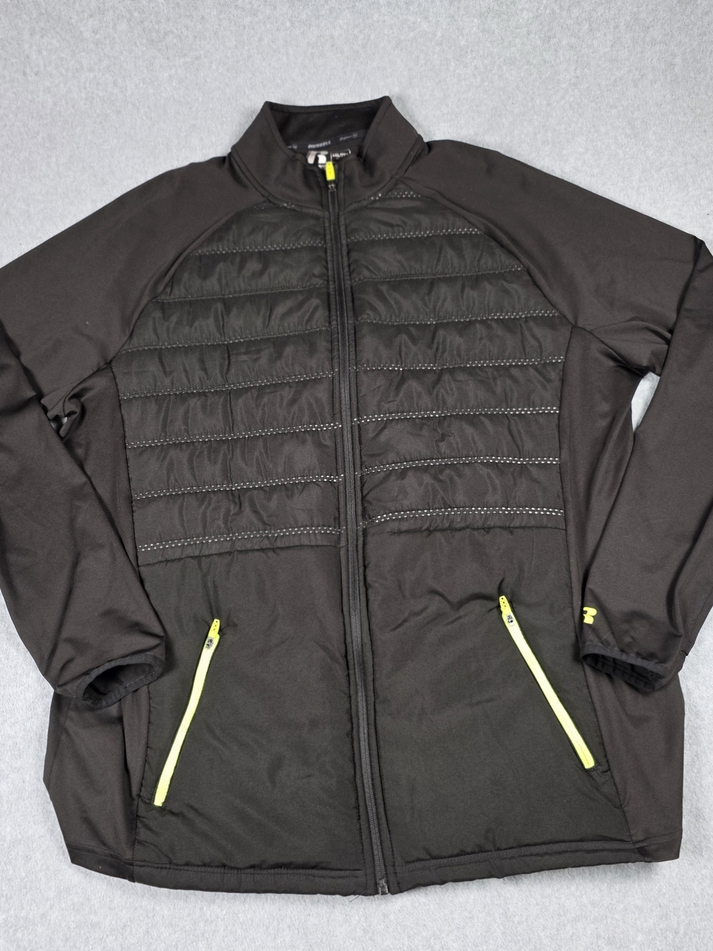 Russell Men’s Black Full-Zip Quilted Jacket with Yellow Accents